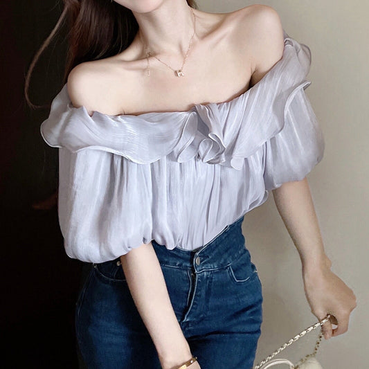 One-Line Collar Top Ruffled Off-Shoulder Chiffon Shirt