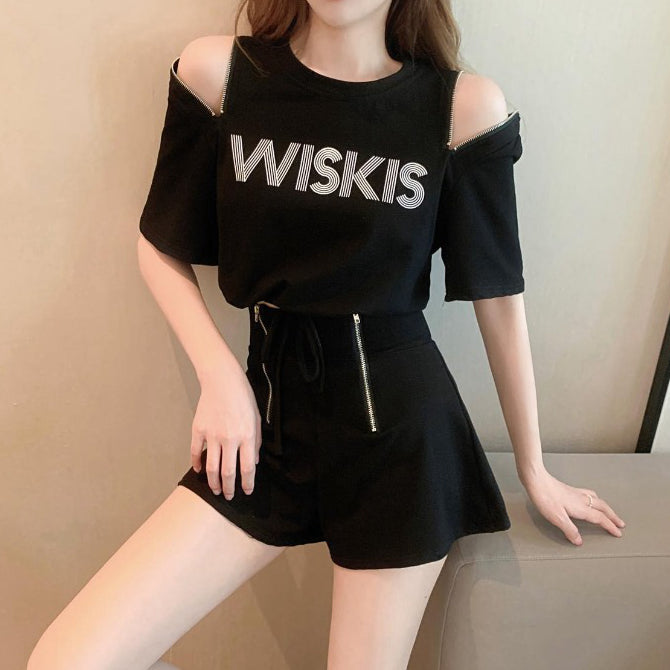 Off-The-Shoulder Zipper T-Shirt Wide-Leg Shorts Set