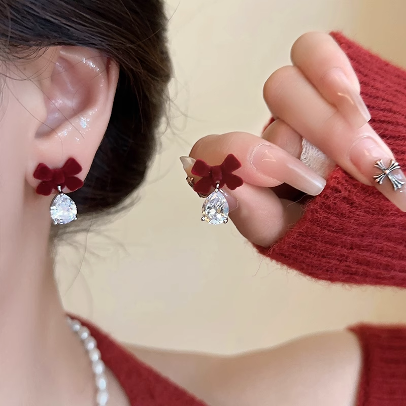 Flocked Bow Zircon Temperament Exquisite Retro Earrings