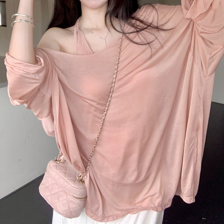 Long-Sleeved T-Shirt Top Pink Camisole Vest