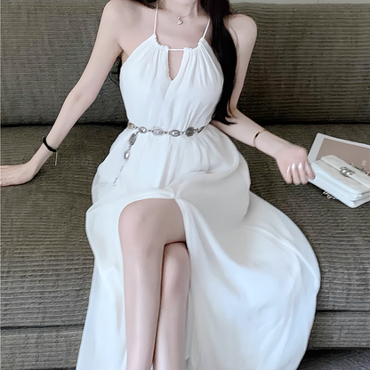 Slit Loose Halter Neck Belt White A-Line Dress