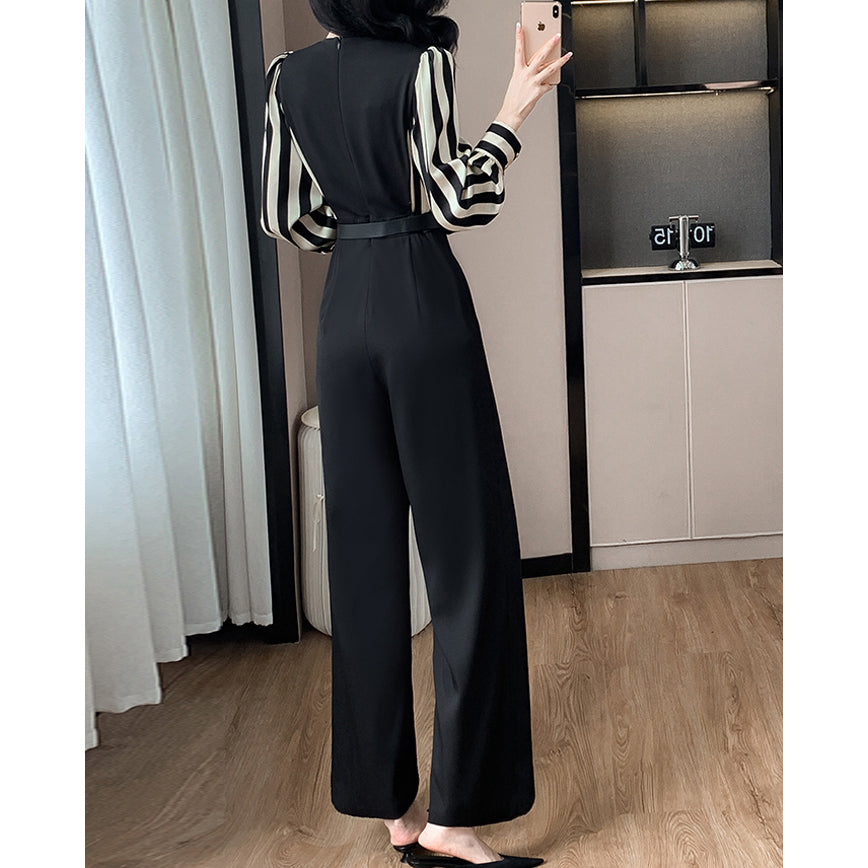 Striped Long-Sleeved V-Neck High-Waisted Wide-Leg Jumpsuit