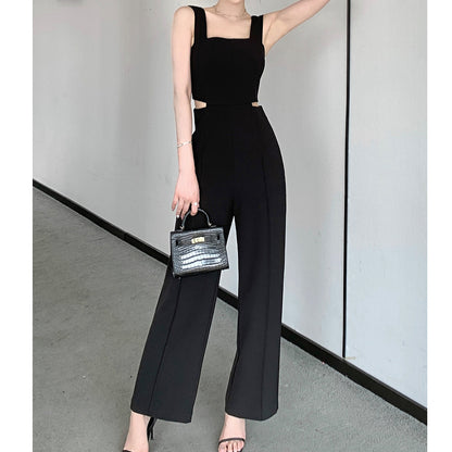 Hollow High-Waisted Wide-Leg Suspender Jumpsuit