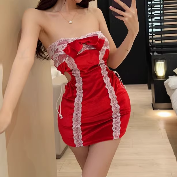 Lace Trim Slim Christmas Tube Top Dress