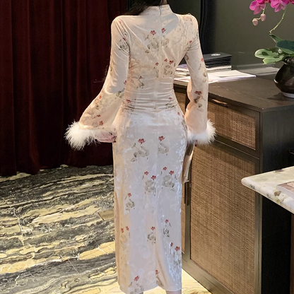 Furry Sleeve Floral Slit Slim Cheongsam Dress