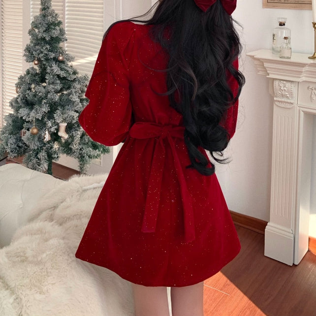 Velvet V-Neck Long-Sleeved Red Christmas Dress