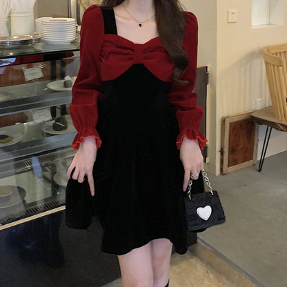 Oversized Bow-Paneled Velvet Long-Sleeve Dress