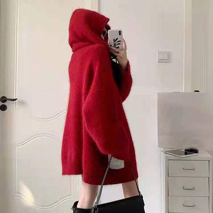 Hooded Loose Red Long Sleeve Christmas Sweater