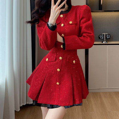 Single-Breasted Long-Sleeved Elegant Red Dress