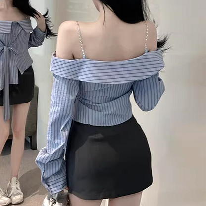 Striped Off-Shoulder Waist Tie Shirt Top