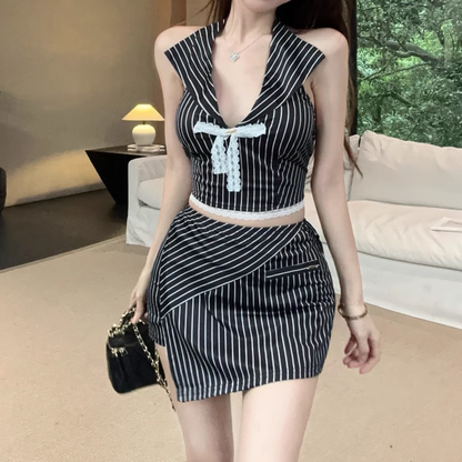 Backless Bow Striped Short Top Irregular Skirt Set