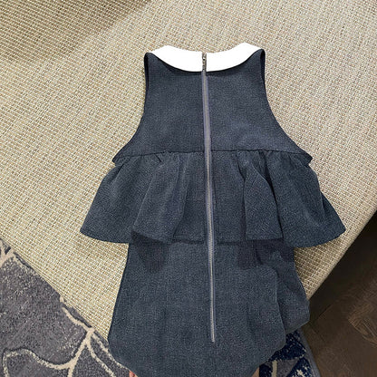 Contrast Lapel Waist Sleeveless Denim Dress