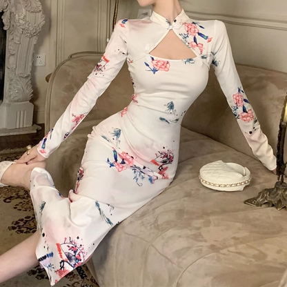 Hollow Slit Tight Flower Cheongsam Dress