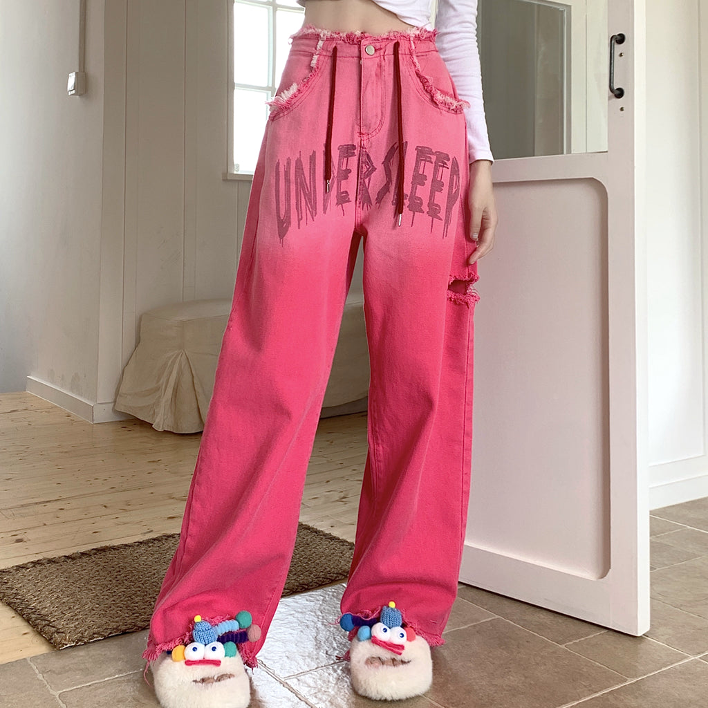 Gradient Pink Letter Destroyed Drawstring Jeans