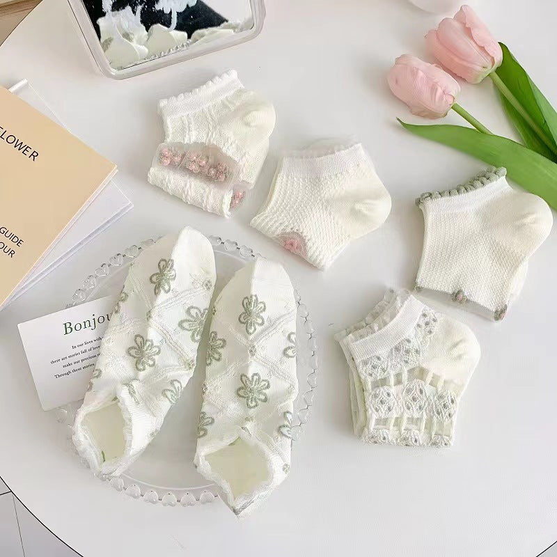 Lace Flower Mesh Breathable Short Socks Set