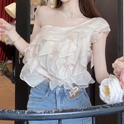 One-Shoulder Ruffled Pearl Chiffon Shirt Top