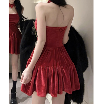 Backless Velvet Red Party Dance Pleated Dress