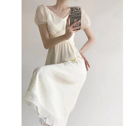 Bubble Short-Sleeved V-Neck Waist Long Dress