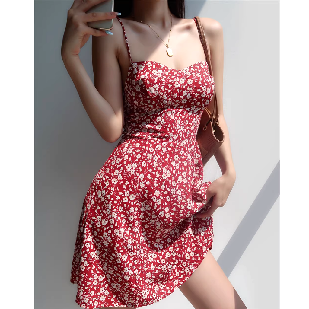 Backless Waist V-Neck Red Floral Suspender Dress