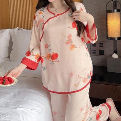 Ice Silk Thin Print Chinese Style Pajamas Set