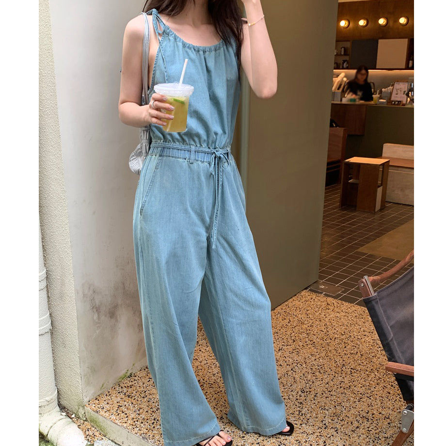 Sleeveless Elastic Waist Tie Straight Denim Jumpsuit