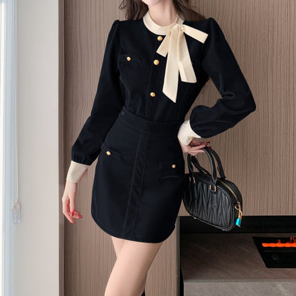 Velvet Bow Top Slim Fit Short Skirt Set