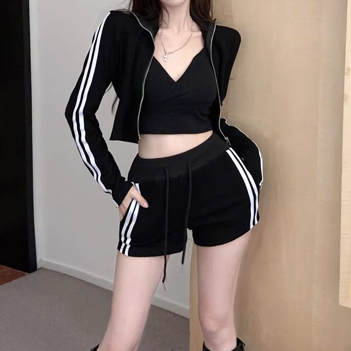 Long-Sleeve Striped Zip Top Stretch Shorts Set