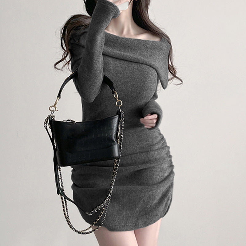 Turn Up Slant Collar Brushed Bodycon Pleated Knitted Dress