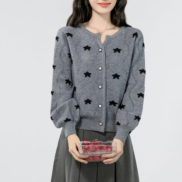 Gray Embroidered Five-Pointed Star Knitted Cardigan