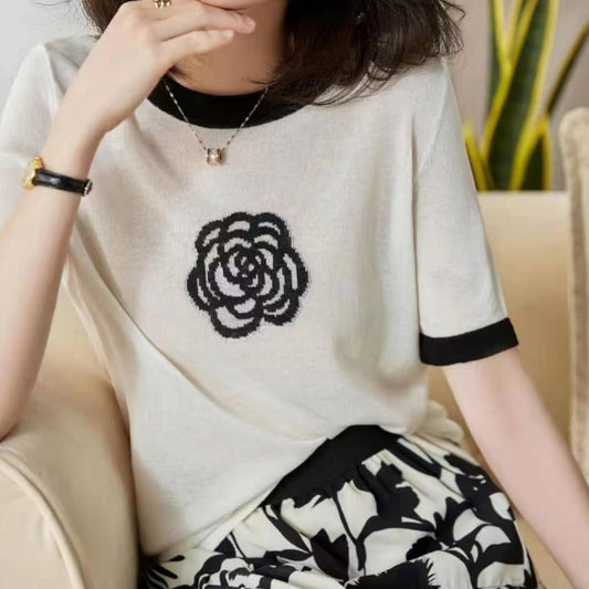 Ice Silk Short Sleeve Round Neck Embroidered Top T-Shirt