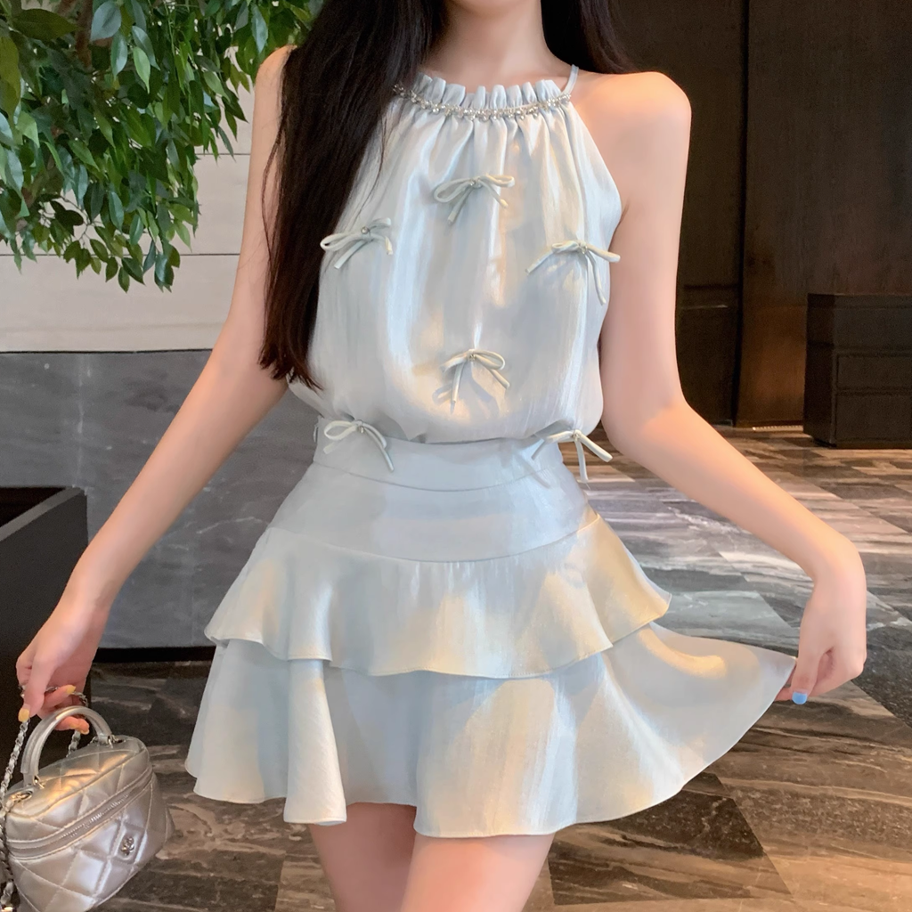 Bow Sleeveless Off-Shoulder Satin Top Cake Skirt Set