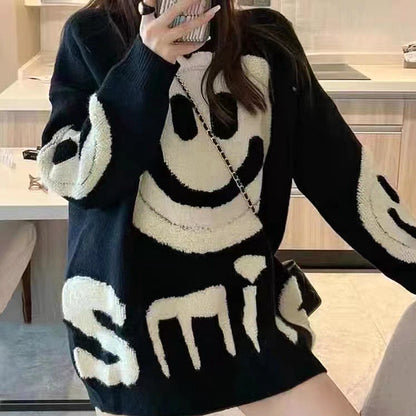 Loose Smiley Crew Neck Sweater Top