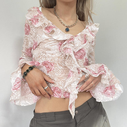 Ruffled V-Neck Trumpet Long-Sleeved T-Shirt Rose Print Lace Top