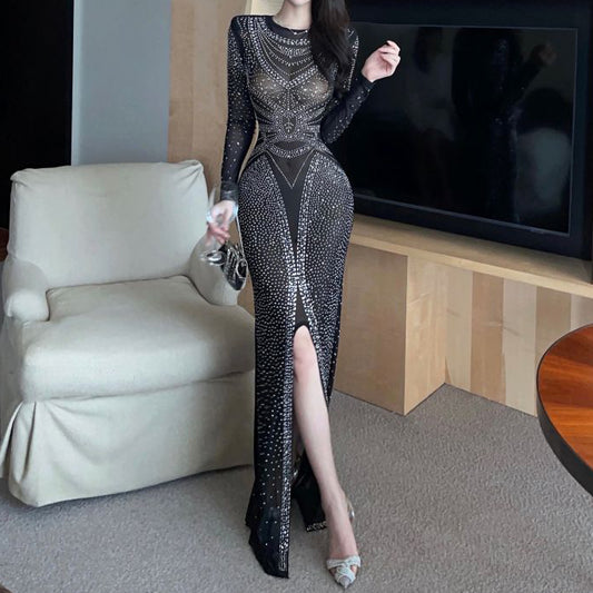 Mesh Hot Diamond Long-Sleeved Slit Party Dress