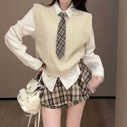 Knitted Vest Layering Shirt High Waist Skirt Set