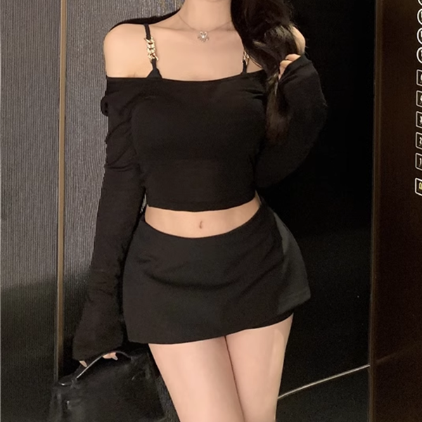 Mesh Blouse T-Shirt Slim Camisole Two-Piece Set