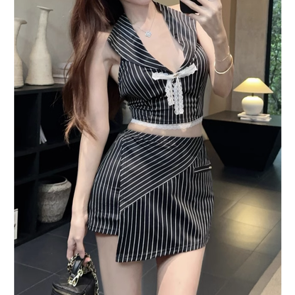 Backless Bow Striped Short Top Irregular Skirt Set