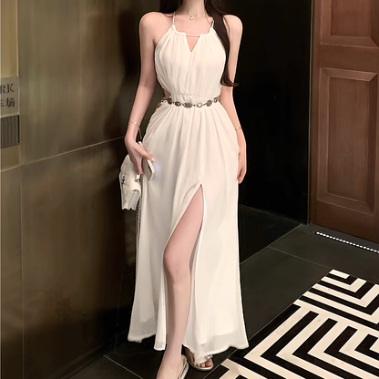 Slit Loose Halter Neck Belt White A-Line Dress