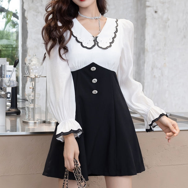 Lace Edge Doll Collar Color-Blocked Long-Sleeved Dress