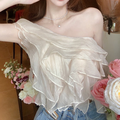 One-Shoulder Ruffled Pearl Chiffon Shirt Top