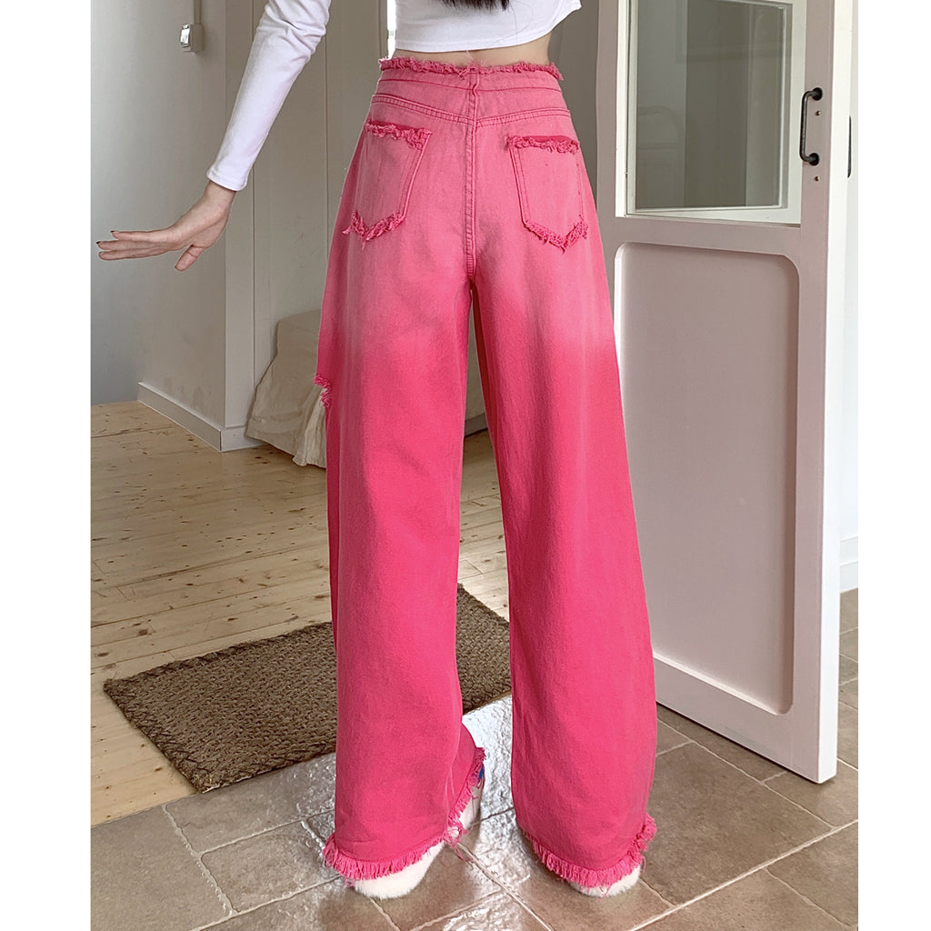 Gradient Pink Letter Destroyed Drawstring Jeans