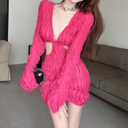 Hollow Waist Low-Cut Nightclub Rose Red Dress