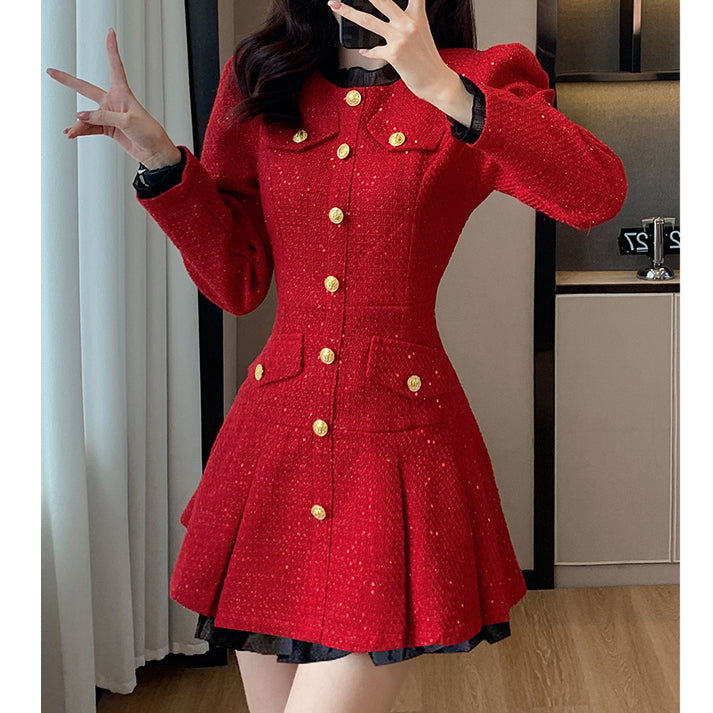 Single-Breasted Long-Sleeved Elegant Red Dress