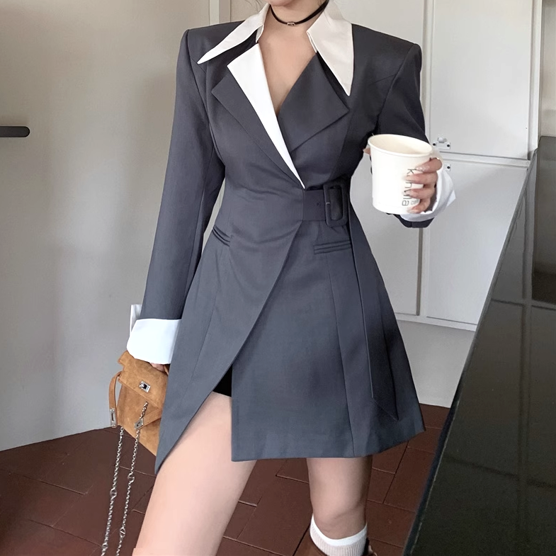 Long Sleeve Belted Waist Suit Dress