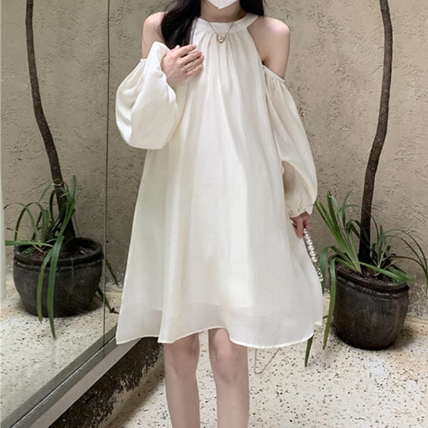 Off-Shoulder Long-Sleeved Sweet Loose A-Line Dress