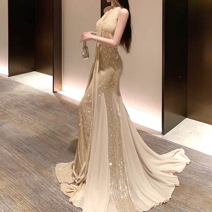 Hanging Neck Sequin Banquet Fishtail Long Dress