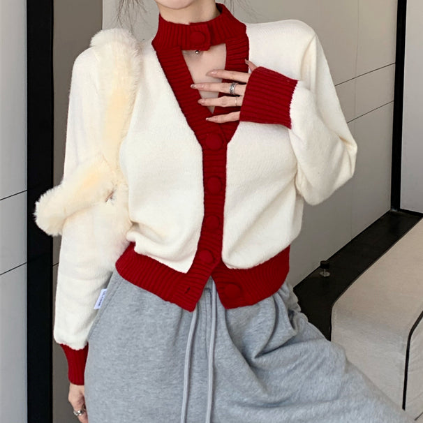 V-Neck Cutout Long Sleeve Christmas Knit Cardigan