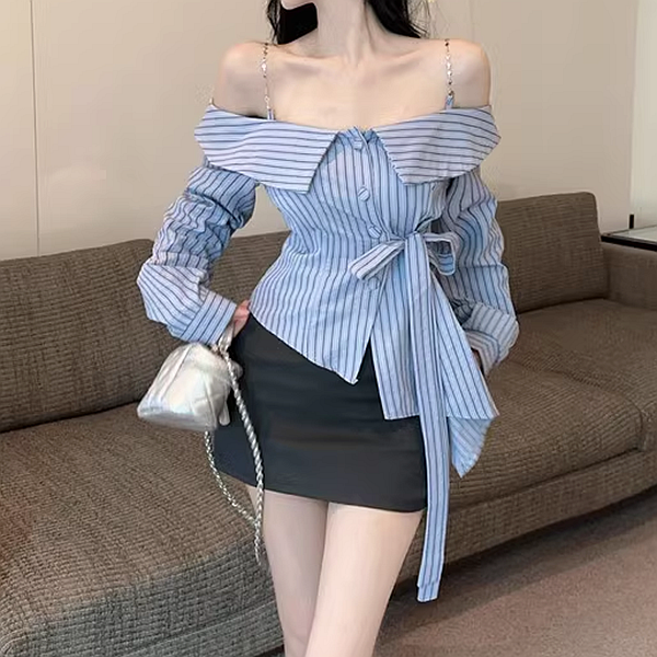 Striped Off-Shoulder Waist Tie Shirt Top