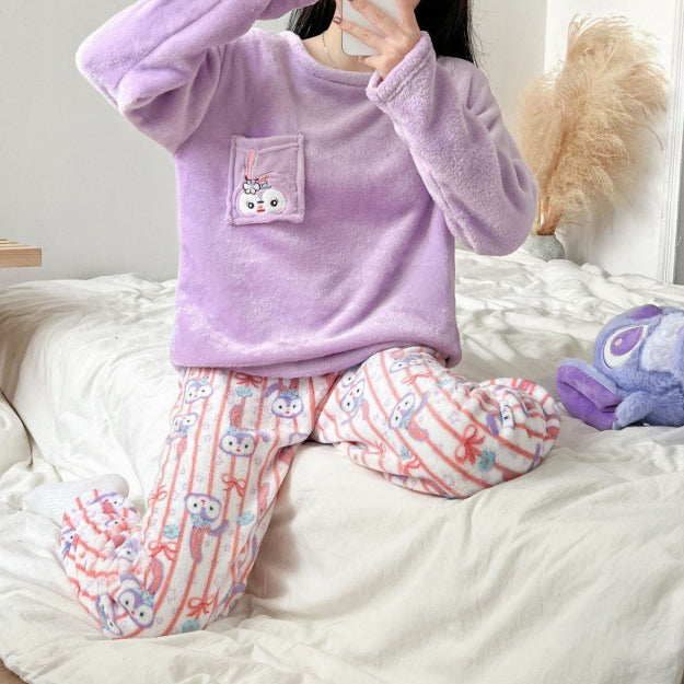 Cartoon Coral Fleece Round Neck Warm Pajamas Set