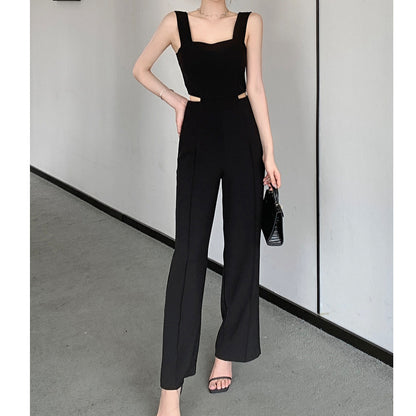 Hollow High-Waisted Wide-Leg Suspender Jumpsuit